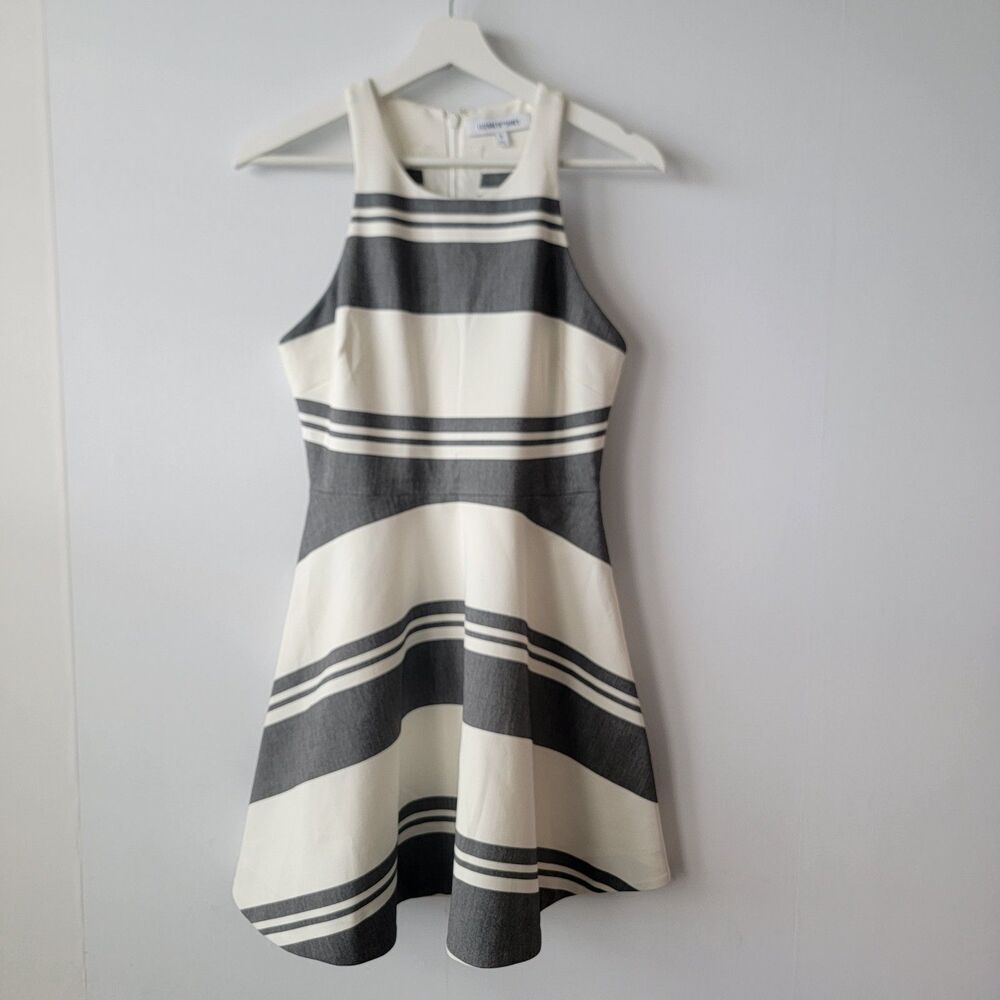 Sleeveless Striped Fit & Flare Dress in Cream and Gray